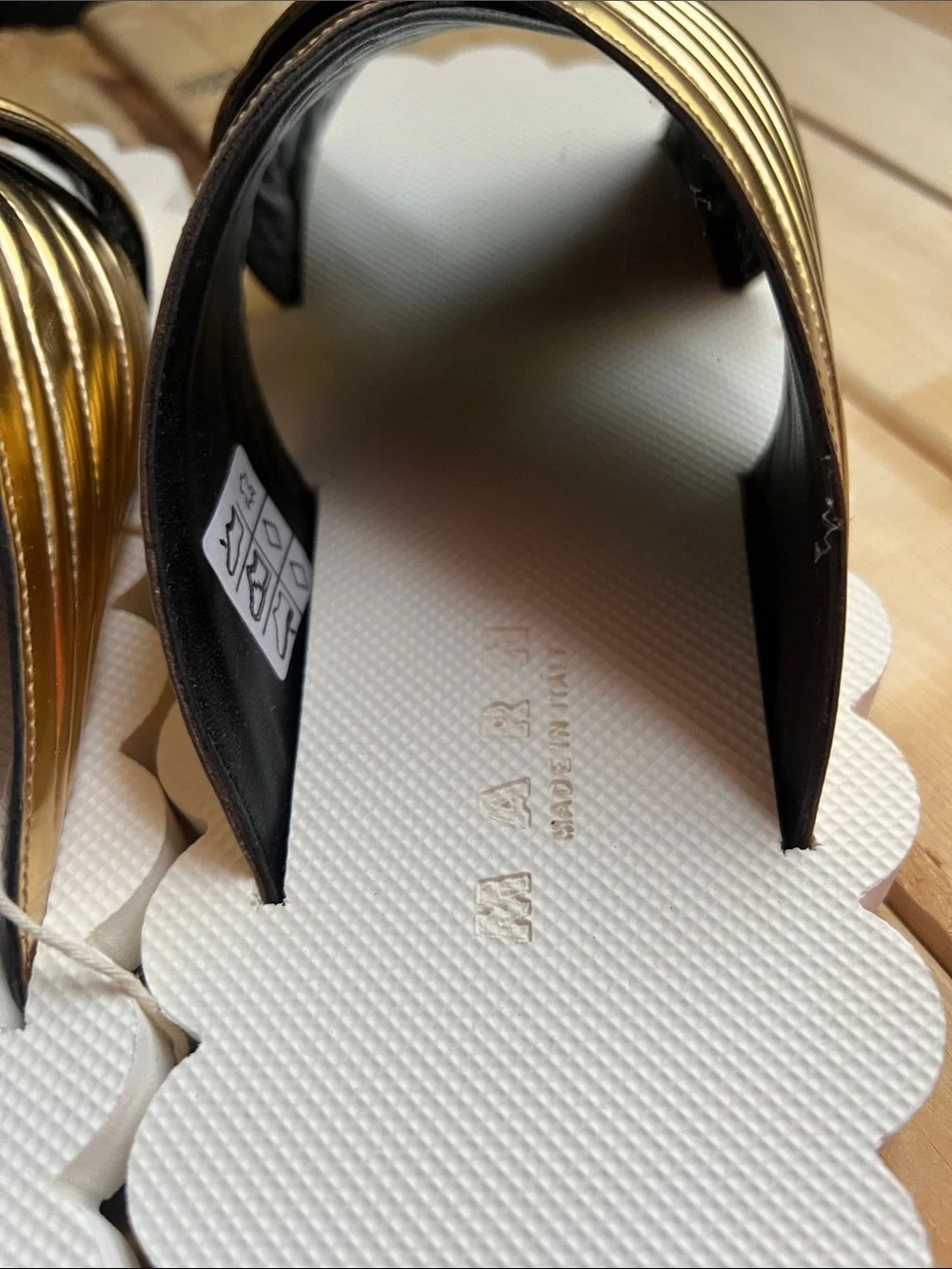 Marni Gold Metallic Strappy Slide Sandals on White Scalloped Sole